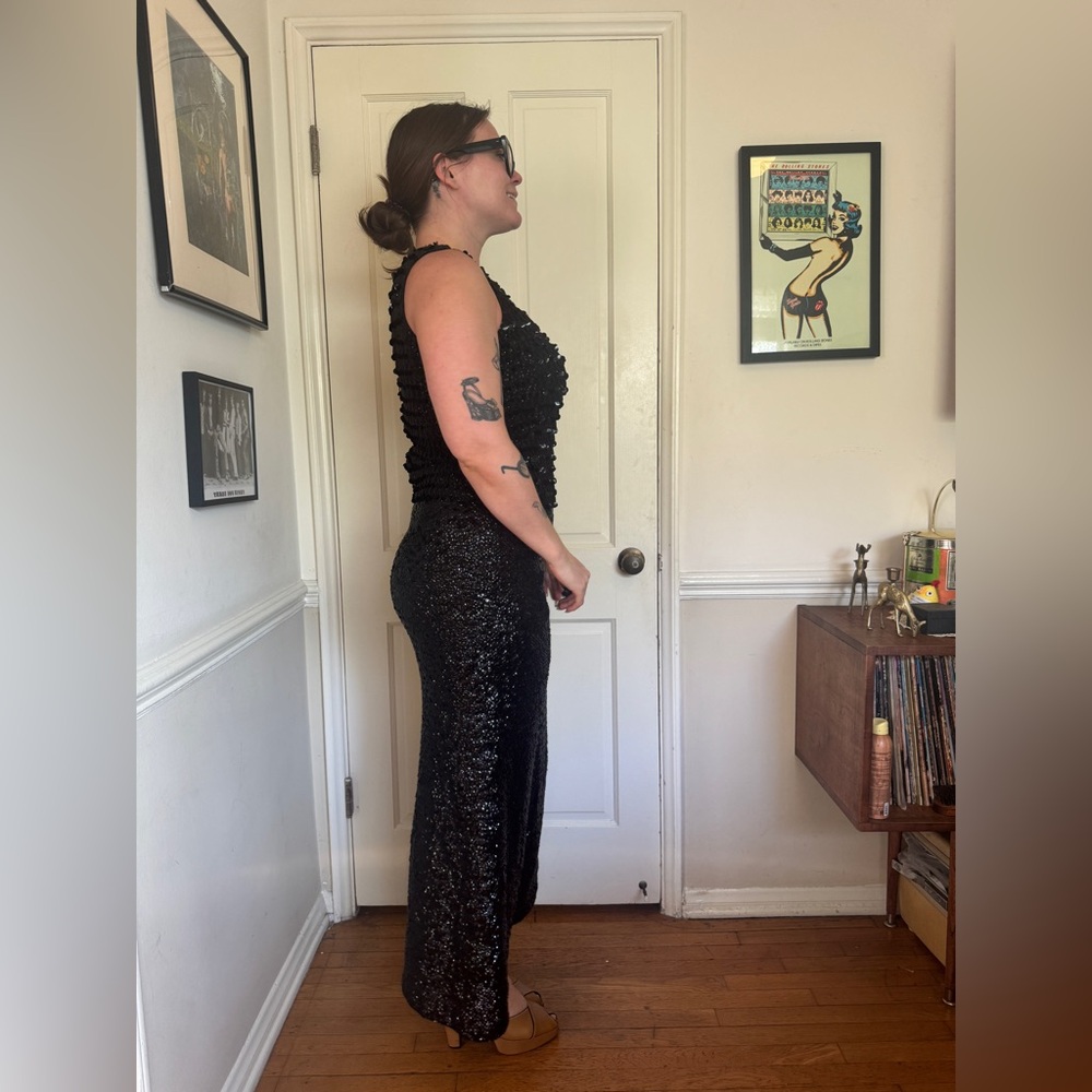 60s Vintage Black Sequin Knit Blouse and Skirt Set Medium - Picture 3 of 14